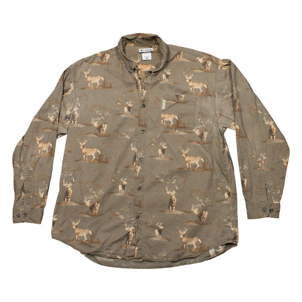 Columbia Mens XXL Whitetail Deer Topo Print Long Sleeve Button Down Shirt Brown
